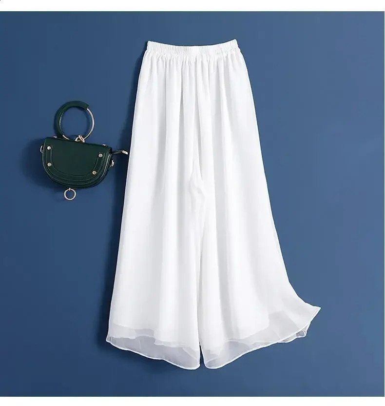 Summer casual white double-layer chiffon wide leg womens loose pants 250408
