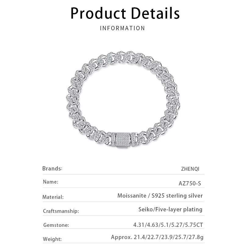Wholesale Jewelry Moissanite Diamond Men Cuban Chain Fashion Bracelet Gold-plated Delicate Sterling Silver Hip Hop Bracelet