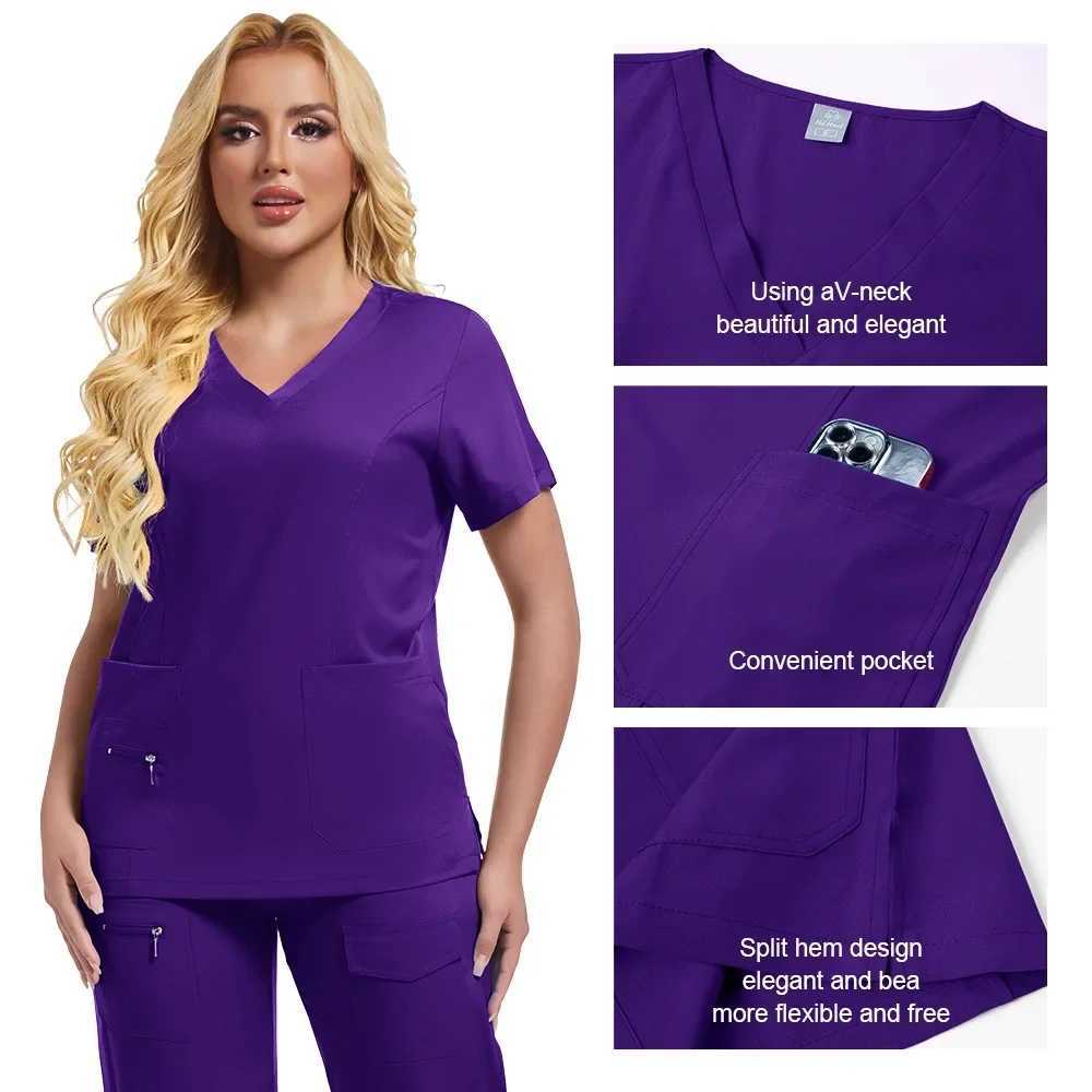 Workwear Nursing Women Scrubs Pants Elastic Working Uniform Women Short Slve Neck Tops Dental Hospital Scrubs Suits X250410
