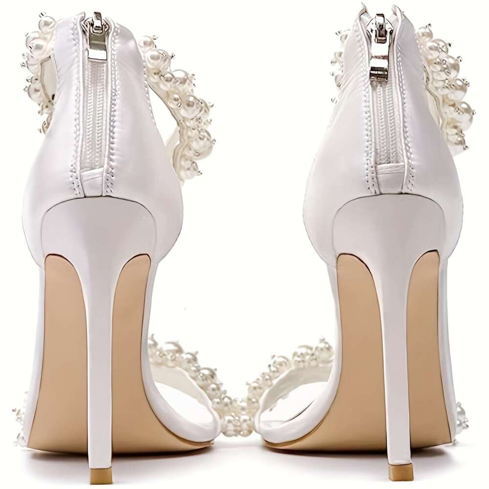 Women's Pearl Stiletto Sandals - Square Open Toe Design, Back Ankle Zipper, White Satin
