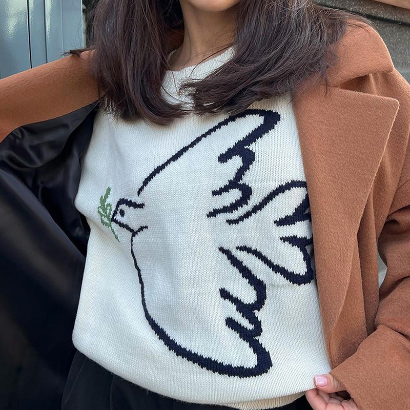 Women's solid-color jacquard sweater, high-neck comfortable street-style long-sleeved sweater, peace dove jacquard, fall clothes christmas sweate