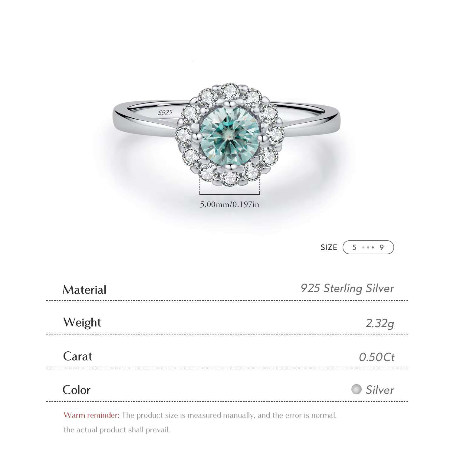925 Sterling Silver Delicate Elegant Round Teal Moissanite Halo Finger Rings for Women Party Fine Jewelry Accessories