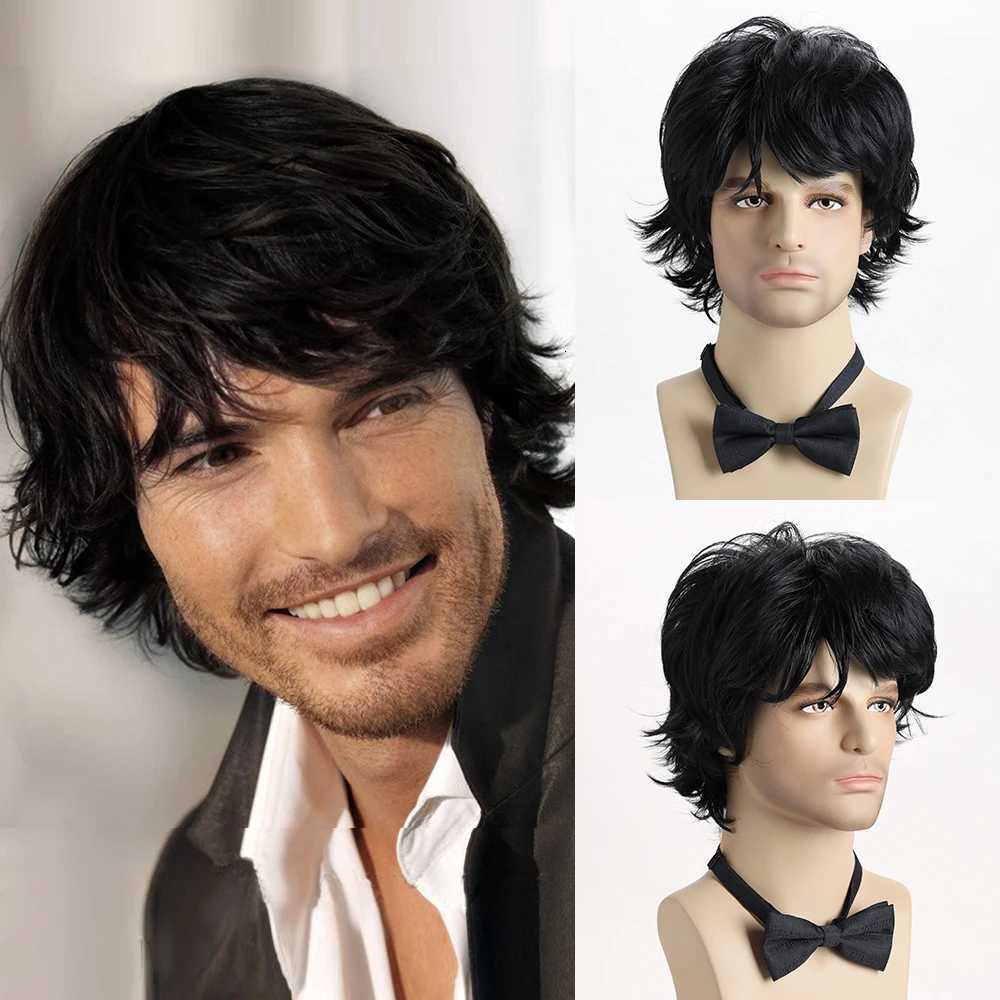 Synthetic Hair Short Curly Brown Wig for men Layered Heat Resistant Wigs With Bangs For Daily UseT251111
