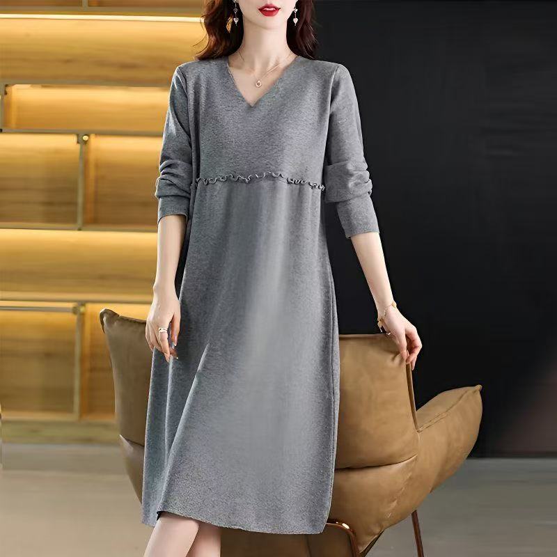 plus size women's new long sleeve high waist printed banquet dress mid-length skirt D02821