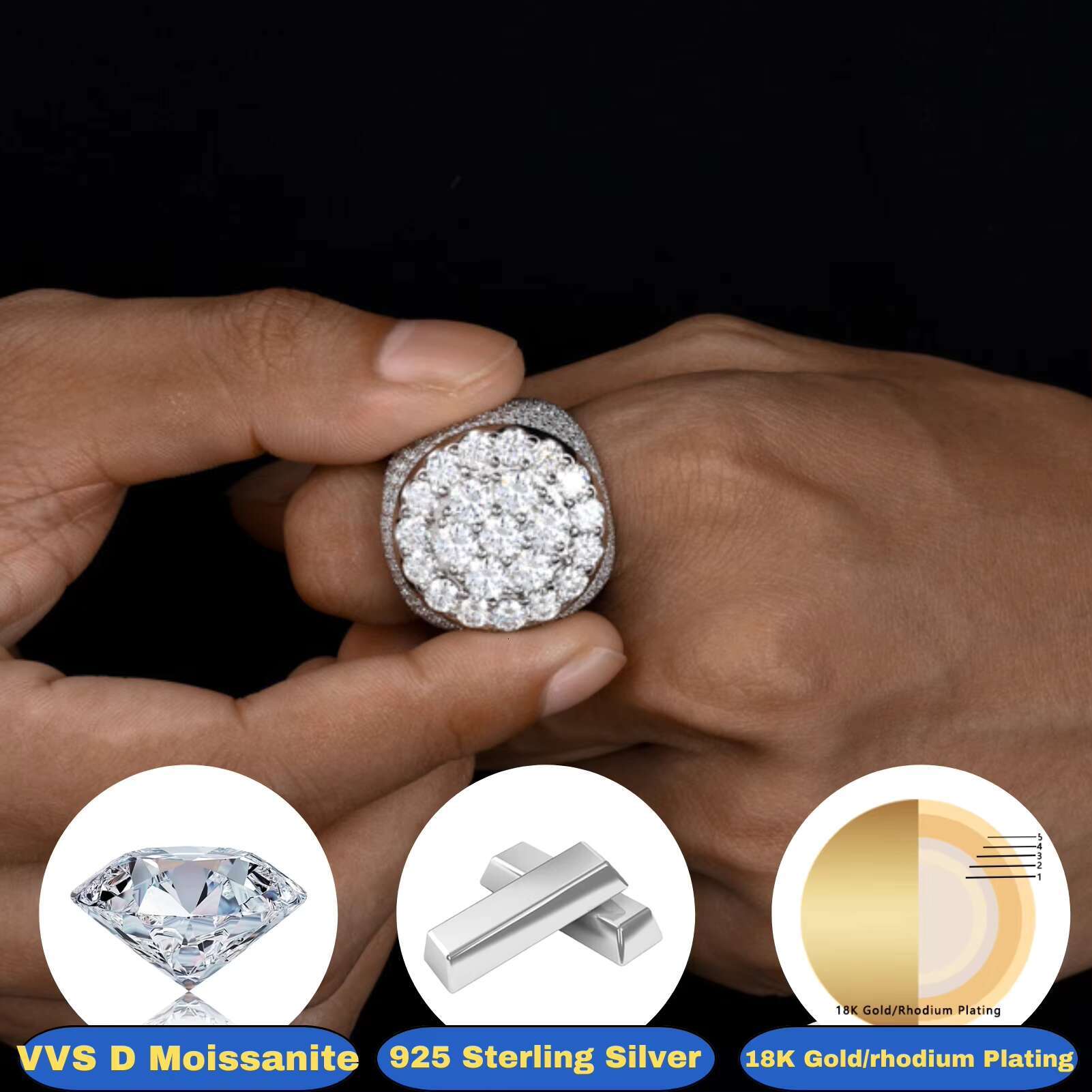 Luxury VVS Round Brilliant Cut Moissanite Flower Ring 925 Sterling Silver Iced Out Hip Hop Rappers Flower Jewelry Ring for Man