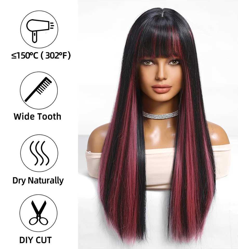 Black Highlight Pink Synthetic Wig with Bangs Long Straight Black Highlight Red Wig For Women Cosplay Party Christmas Wig 26inchT251111