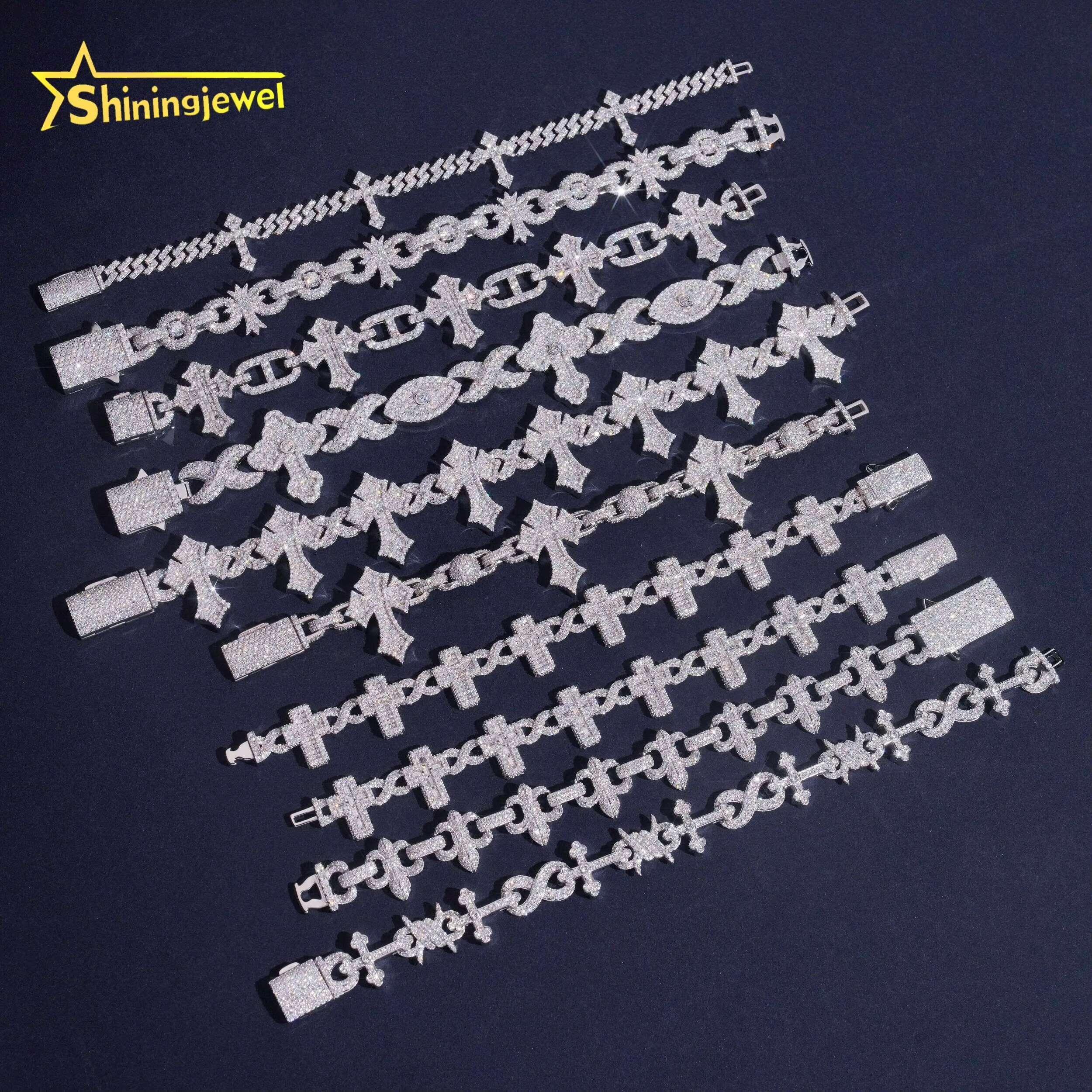 Fancy Shape Men High Quality Hip Hop 925 Silver Moissanite Diamond Iced Out Cross Infinity Cuban Link Bracelet
