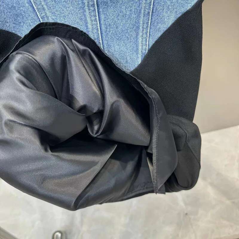 DEAT Shoulder Strap Detachable Denim Splice Dresses For Women 2024 Summer New Fashion Versatile Suspenders Dress Female 11Xx9233