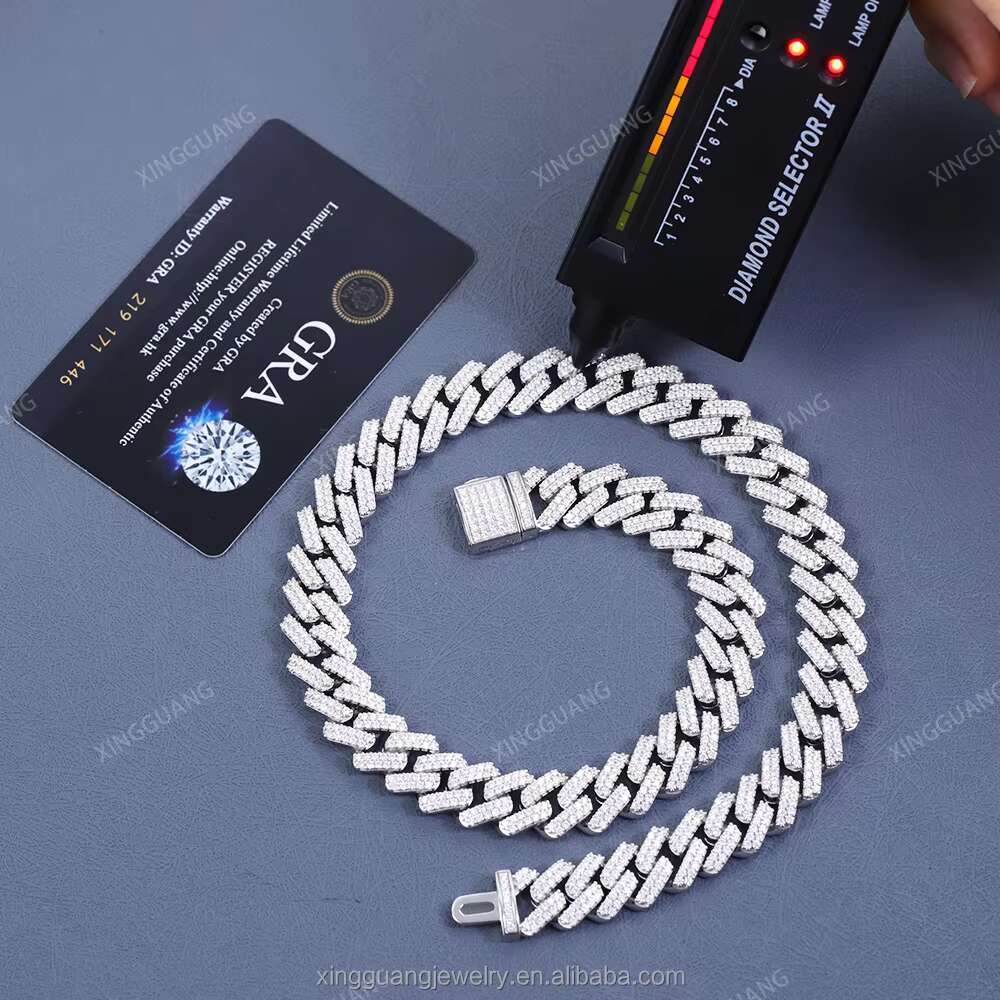 Hip Hop Moissanite Cuban Chain Fine Jewelry 2rows 13mm 925 Sterling Silver Iced Out Moissanite Cuban Link Chain Men Necklace
