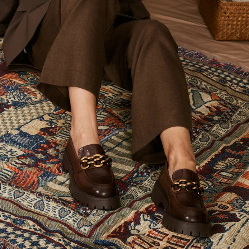 BeauToday Loafers for Women Genuine Cow Leather Round Toe Metal Chain Slip-on Ladies Platform Shoes Handmade I27748 251110