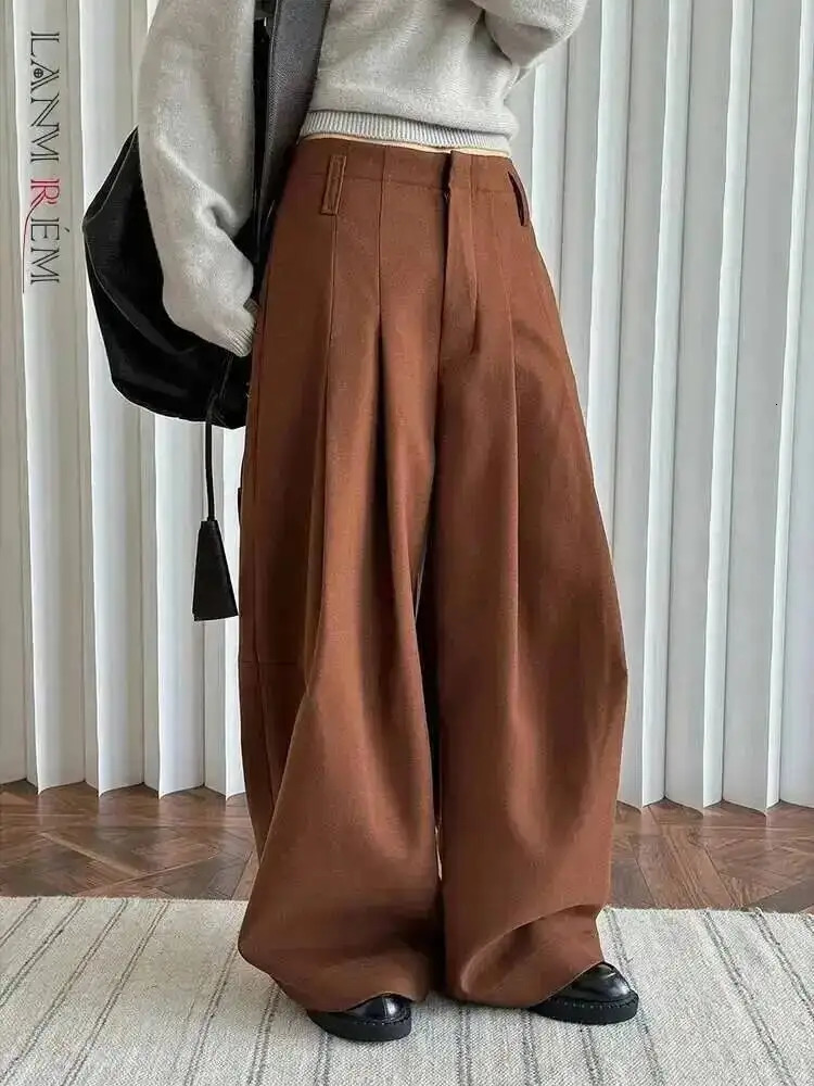 LANMREM 2025 Winter Thick Warm Pants For Women High Waist Pleated Wide Leg Trousers Office Lady Clothes Minimalism 26C967 251105