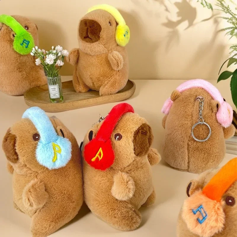 Cute capybara with headphones kids toy head cover cappibala doll keychain pendant soft stuffed animal doll couple keychain gift 250407