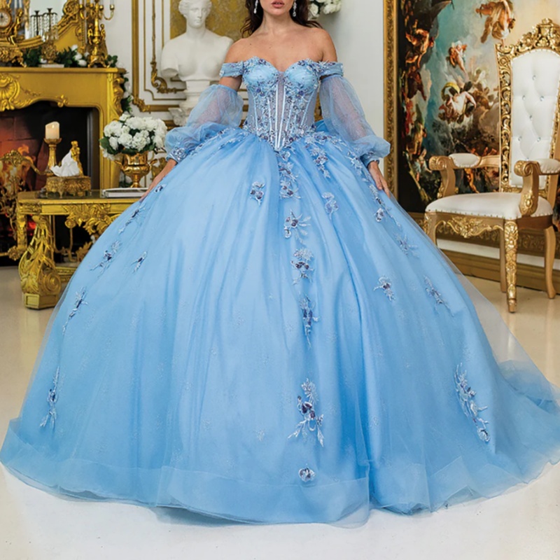 Sky Blue Shiny Princess Quinceanera Dresses Off Shoulder Beads Applique Bow Tull Long Sleeves Corset Sweet 16 Dress Ball Gown Vestidos 15 De Anos