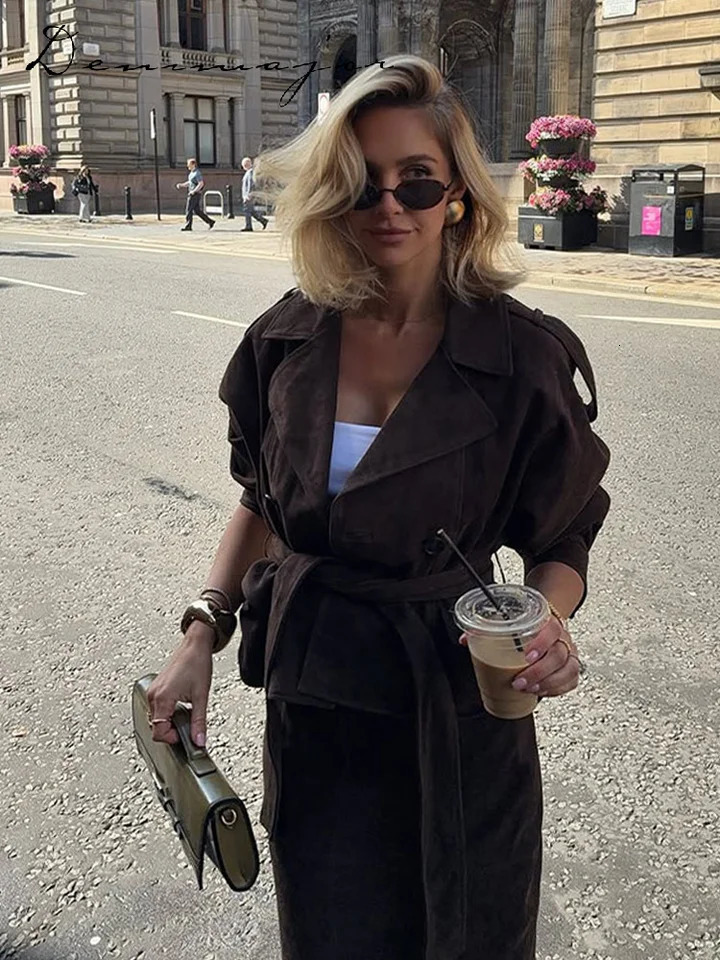 Vintage Lace Up Brown Suede Jacket Women Belt Loose Lapel Single Breasted Full Sleeve Jacket Autumn Lady Street Outwear 251106