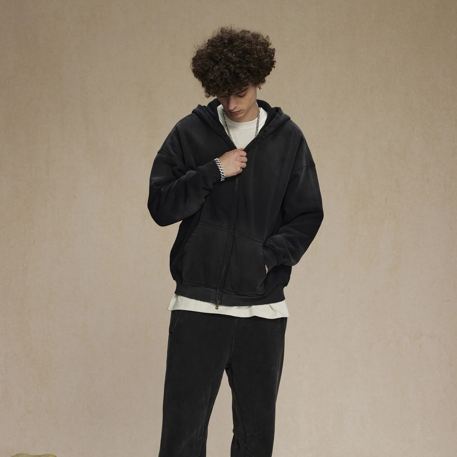 Mens Zip Up Hoodies Tie Dye Washed Double Oversize Cardigan Sweatshirt Loose Plus Plush Gradient Man Hooded Pullovers Winter 251105