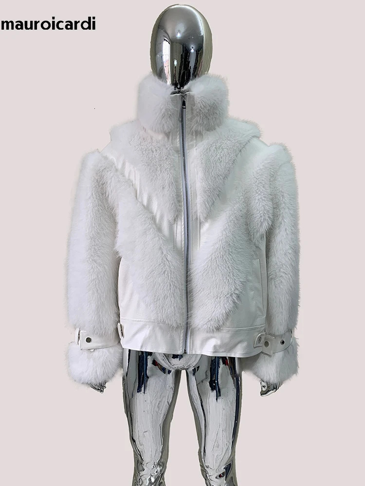 Mauroicardi Autumn Winter Short Thick Warm White Pu Leather Patchwork Faux Fur Coat Men Stand Collar Zip Up Fluffy Jacket 2025 251105