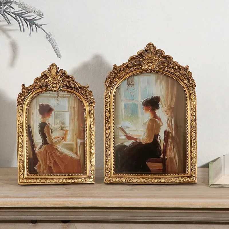 Antique Arch Shaped Gold Carved Embossed Resin Picture Frame Home Office Photo Display Tabletop Wall Hanging Decor L251110 H260306