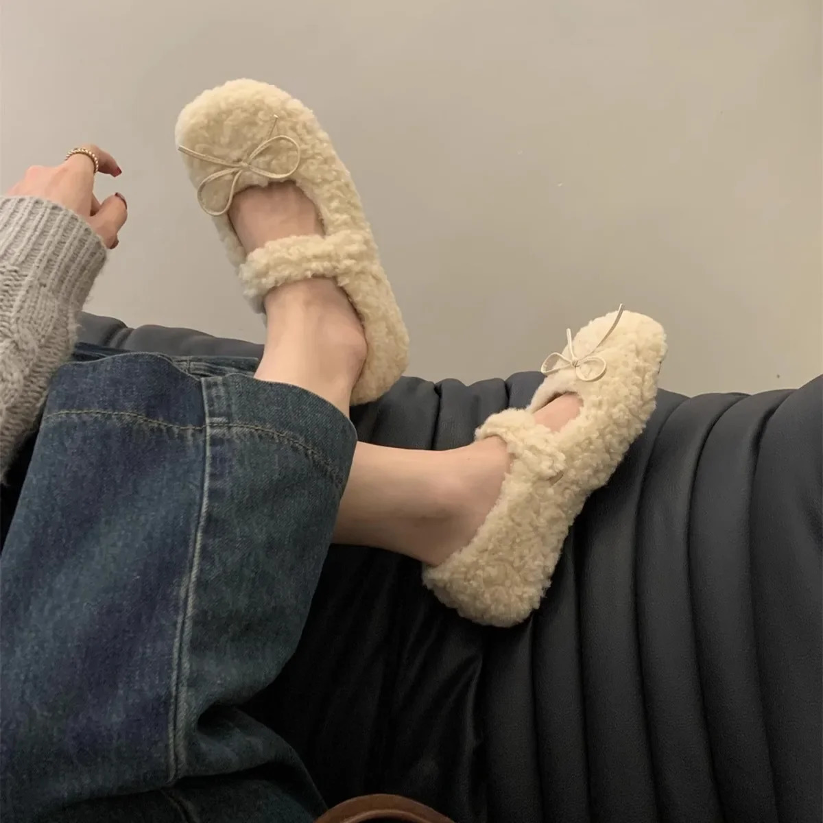 Womens Shearling Ballet Flats with Strap Warm Rabbit Fur Plush Lined Crystal Buckle Mary Jane Flat Shoes 251110