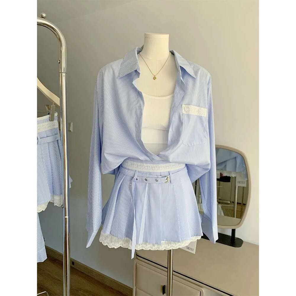 Autumn Women Old Money Striped Korean Stylish Suit Outfits 2 Piece Set Long Sleeve Shirts + Ballet Core Mini Lace Pleated Skirt