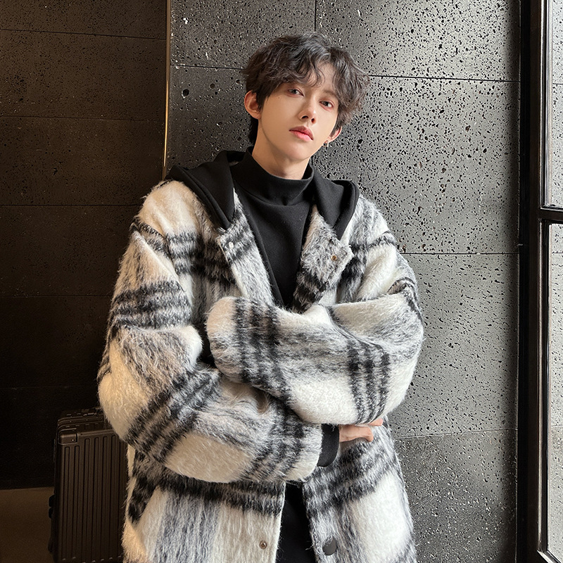 Youth Hooded Plaid Autumn Winter Woolen Large Size Thickened Jacket Cool Loose Woolen Coat Outerwear