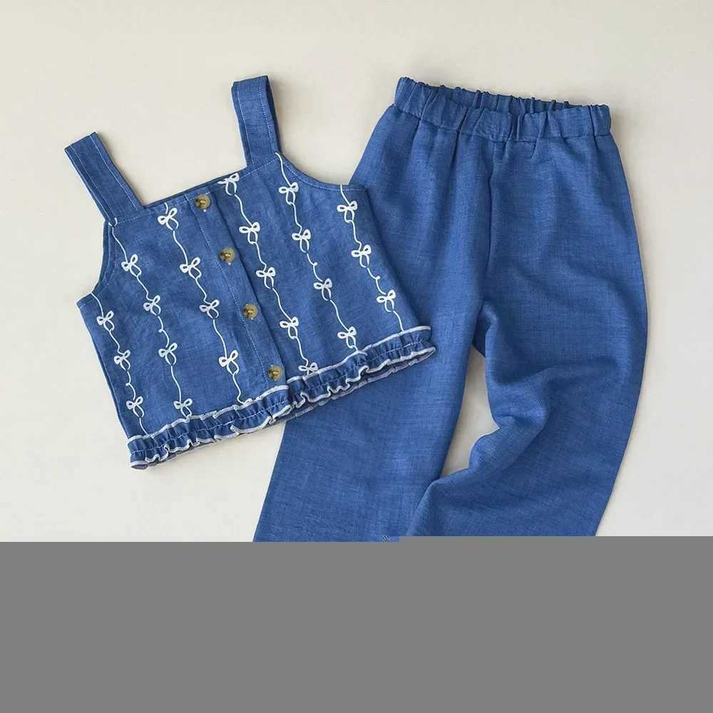 Summer new 2025 baby girl set imitates denim bow print sleeveless top and pants two-piece casual childrens clothingXJ250410