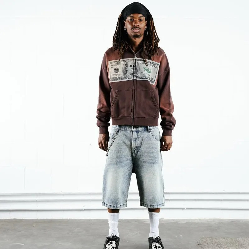 Cross border European and American e-commerce mens printed zipper sweatshirt long sleeved pullover hooded retro jacket street t 251110