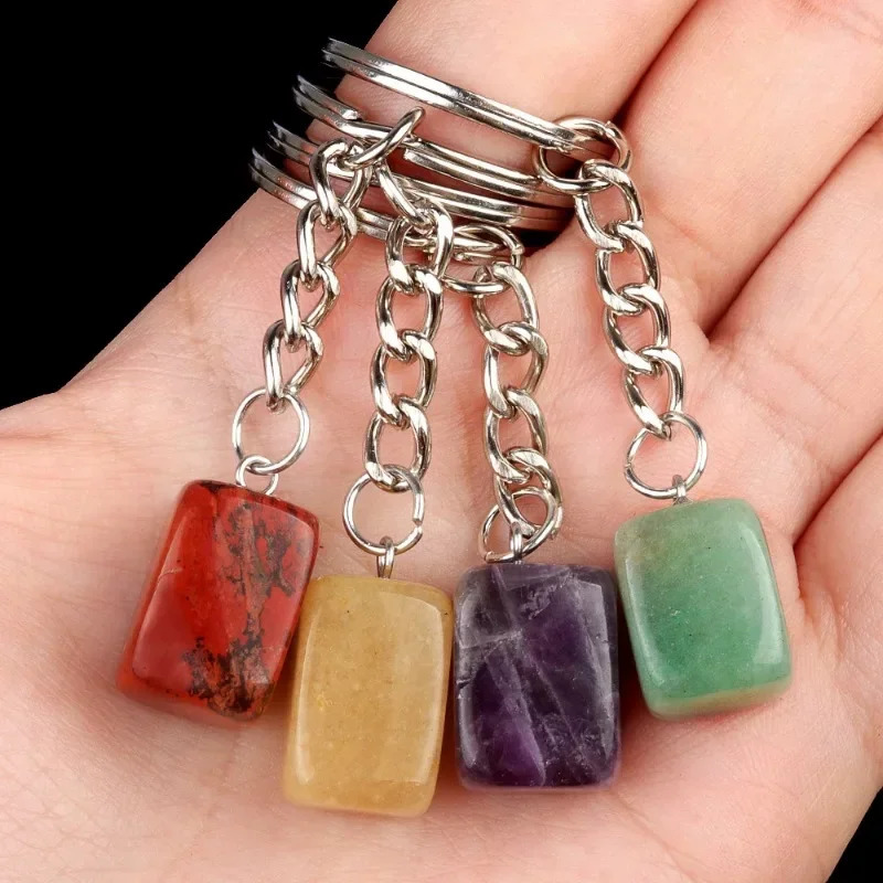 10pcs mixed 16mm rectangular cubic natural stone keychain treatment crystal car decoration keychain 250409