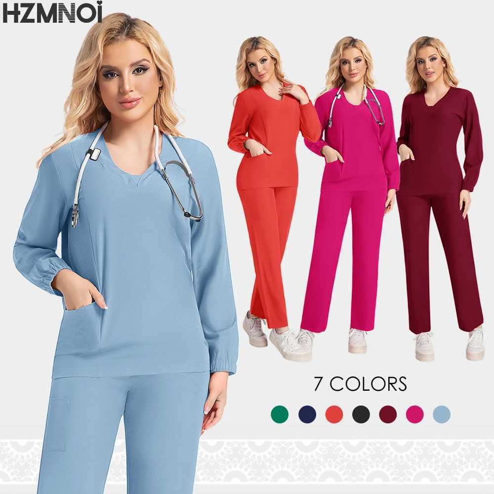 New Scrubs Nurse Uniforms Long Slve V-neck Top+Straight Pants Women Multicolor Nursing Scrubs Set Pet Doctor Medical Workwear X250410