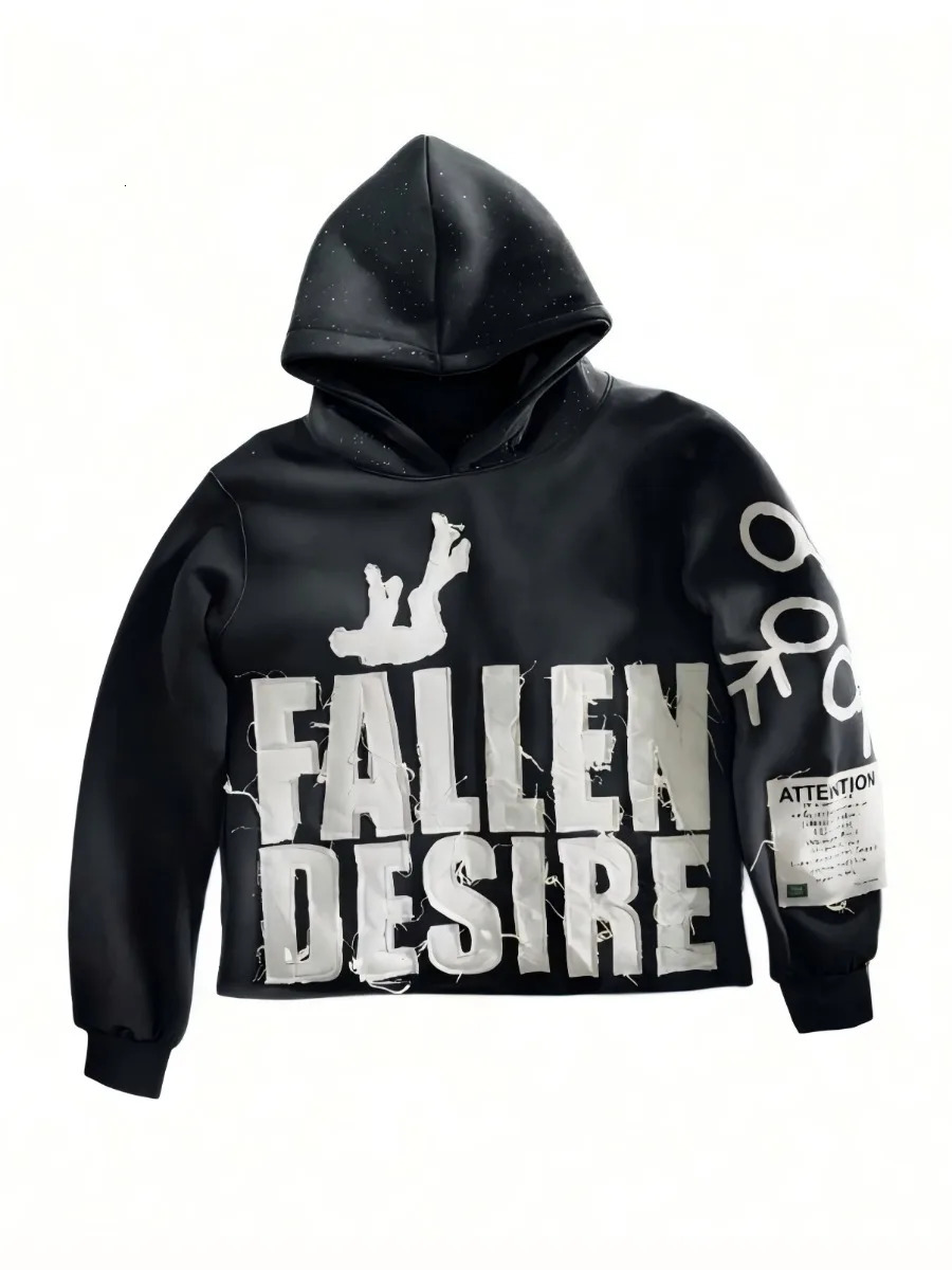 Mens Applique Embroidered Letter Hooded Sweatshirt Fallen Desire High Street Daily Hoodie 251110