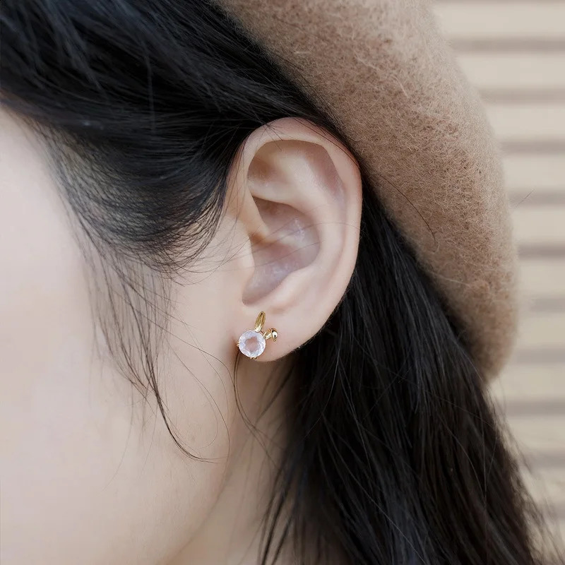 Vintage natural rose quartz cute rabbit S925 womens silver stud earrings 14K gold-plated exquisite jewelry earrings cute earrings 250409