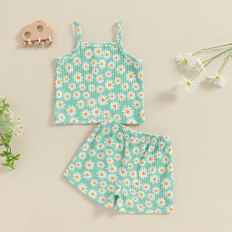 Pudcoco Kids Baby Girls Summer 2-piece set daisy print sleeveless bodysuit elastic shorts set fashionable cute clothes 1-5TXJ250410