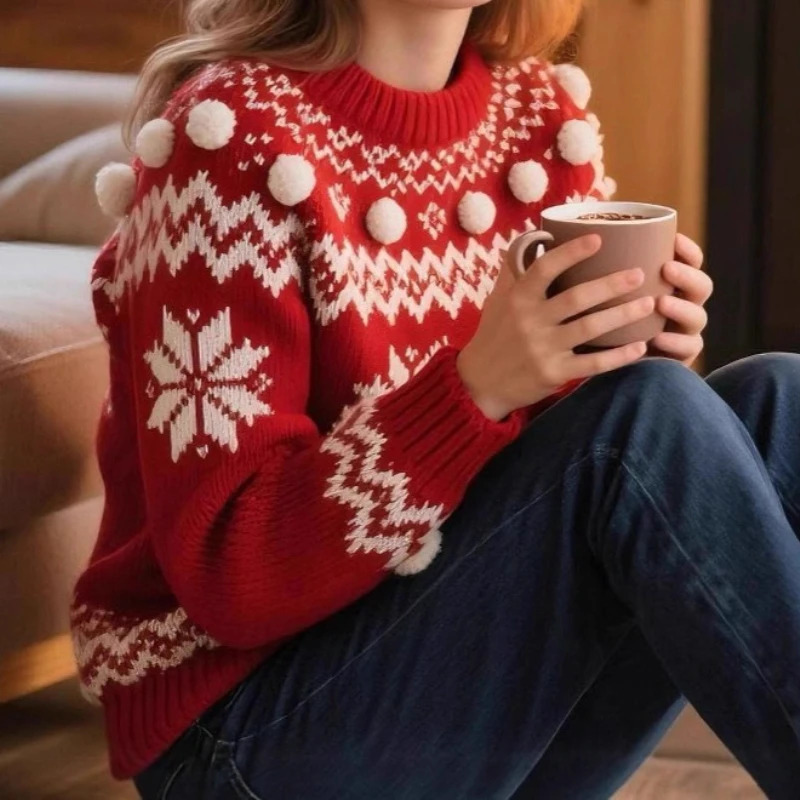 Christmas Sweater Atmosphere Hairball Contrasting Colors Autumn and Winter Crew Neck 251106