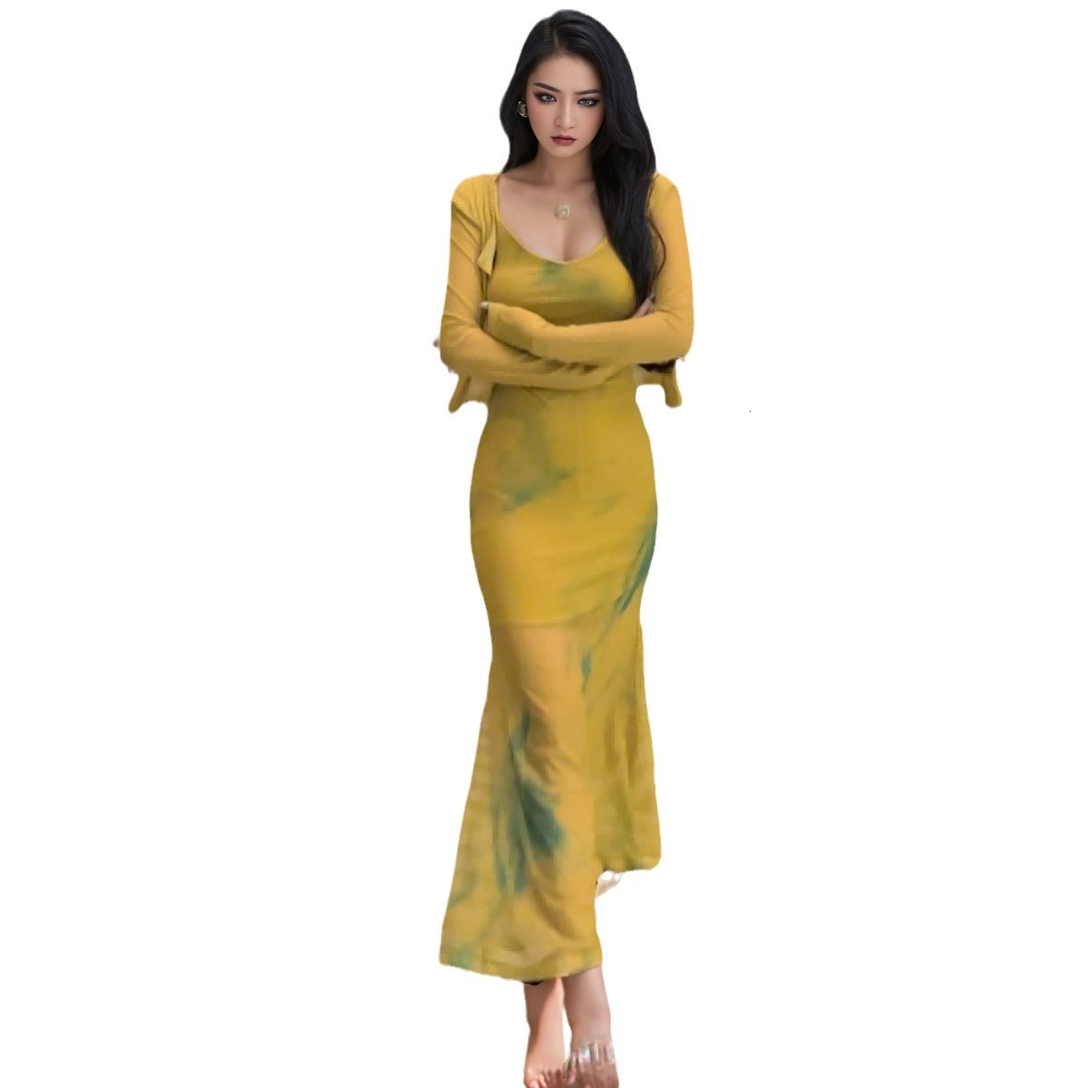 French high-end fishtail skirt set for women, 2024 autumn new versatile slim fit camisole dress+cardigan