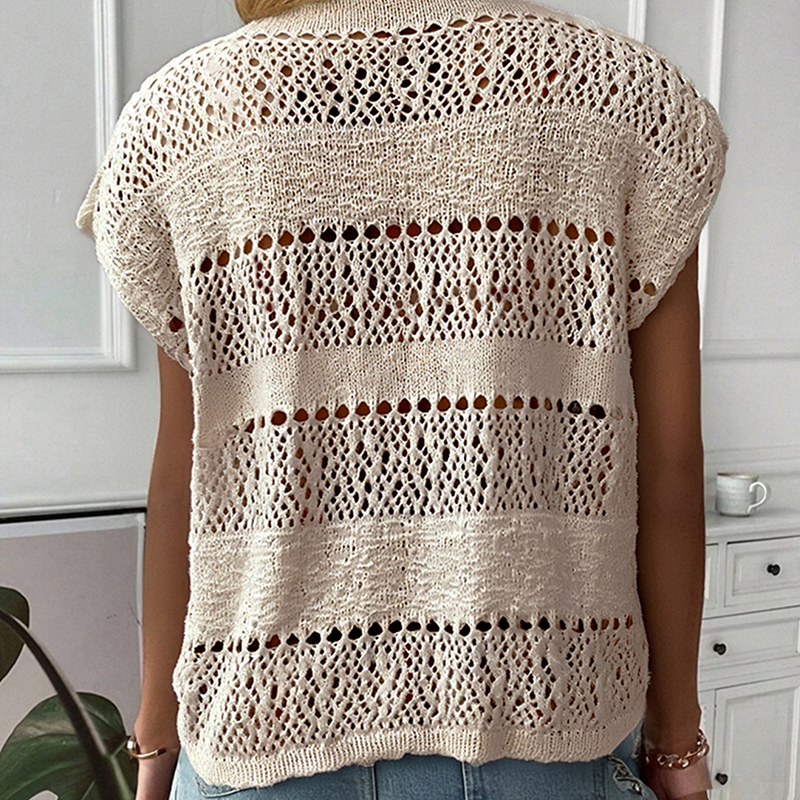 Women's solid color casual vacation sweater top, hollow texture round neck design open collar short sleeve women's shirt, daily wear loose a
