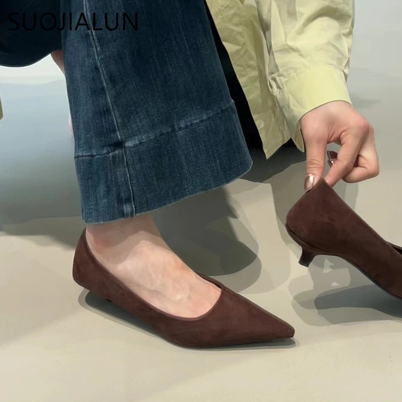 SUOJIALUN Autumn Women Pumps Shoes Fashion Pointed Toe Shallow Slip On Ladies Elegant Dress Pumps Thin Low Boat Shoes 251110