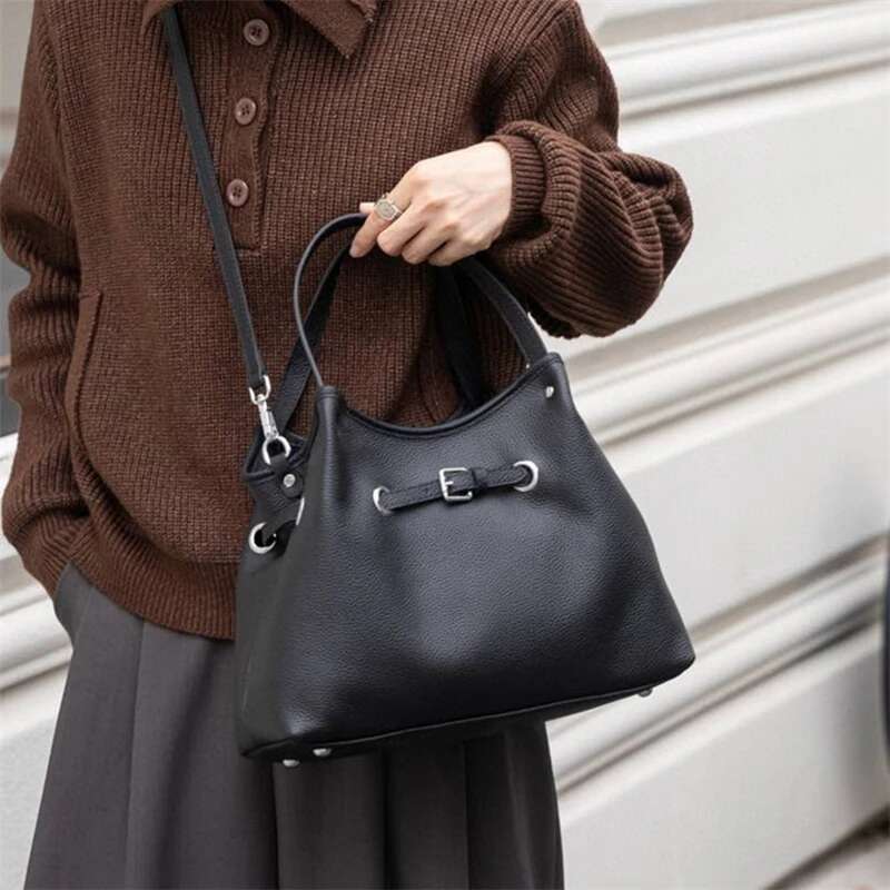 Women's Bags Toptrends 100% Genuine Leather Bucket Shoulder Tote Bags For Women 2025 Designer Crossbody Shopper Work Ladies Handbags