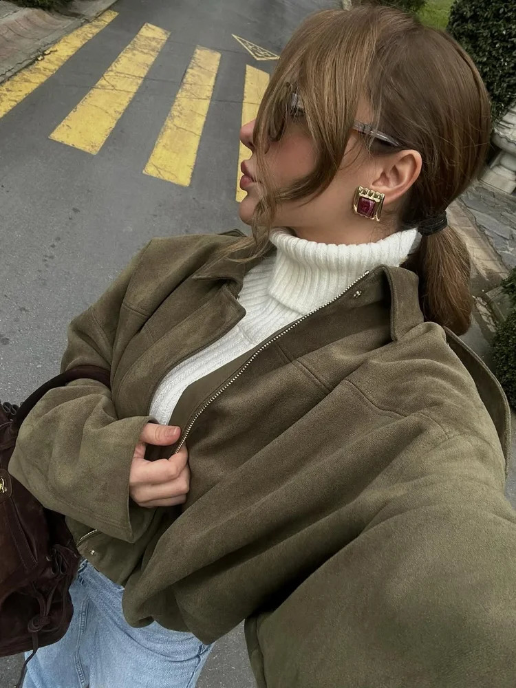 Fashion womens green suede jacket 2025 style spring lapel long sleeved zipper oversized bomber fashion clothing 250407