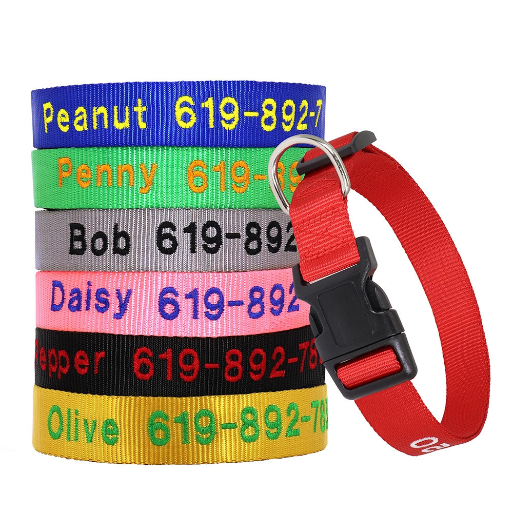 Adjustable Nylon Embroidered Dog Collar Custom ID Name Accessories Pet Collars For Small Medium Large Dogs Pets Supplies Perro 251110