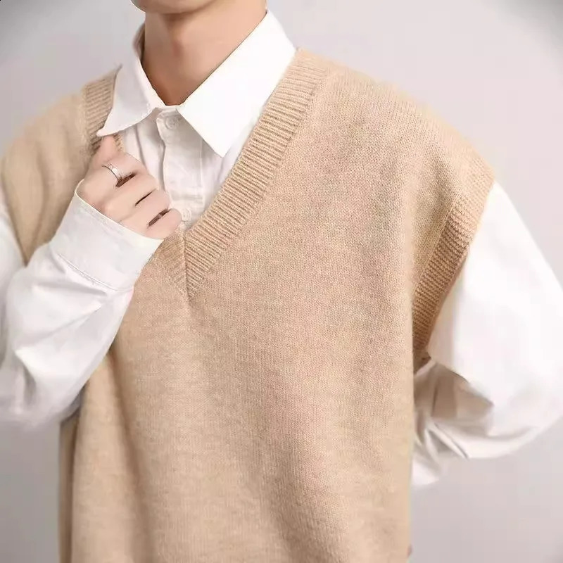 Mens Knitted Sweater Tank Top Solid Color Autumn Sleeveless Vneck Lanhua Casual Loose Belt Korean 250411Z