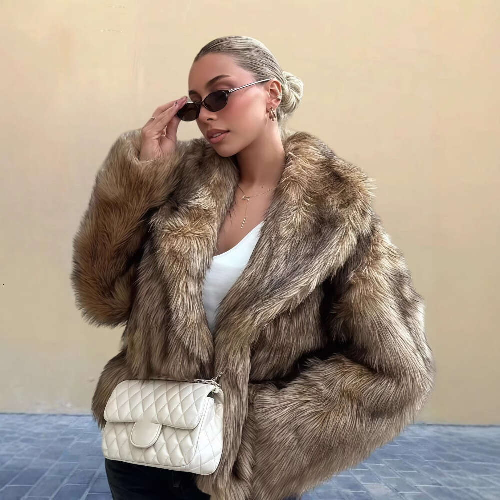 Brown Big Collar Thick Warm Faux Fur Coat Women Fashion Long Sleeves Loose Furry Short Jackets Autumn Winter Lady Streetwear