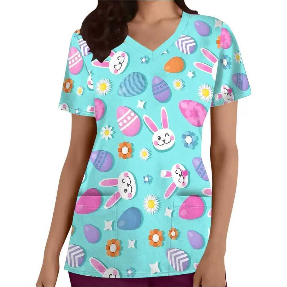 Clinical Uniform Womens Easter Rabbit Print Fashion V-neck Dental Medical Comfortable Short Sleeve Patch Pocket Nurse Uniform Womens X250410
