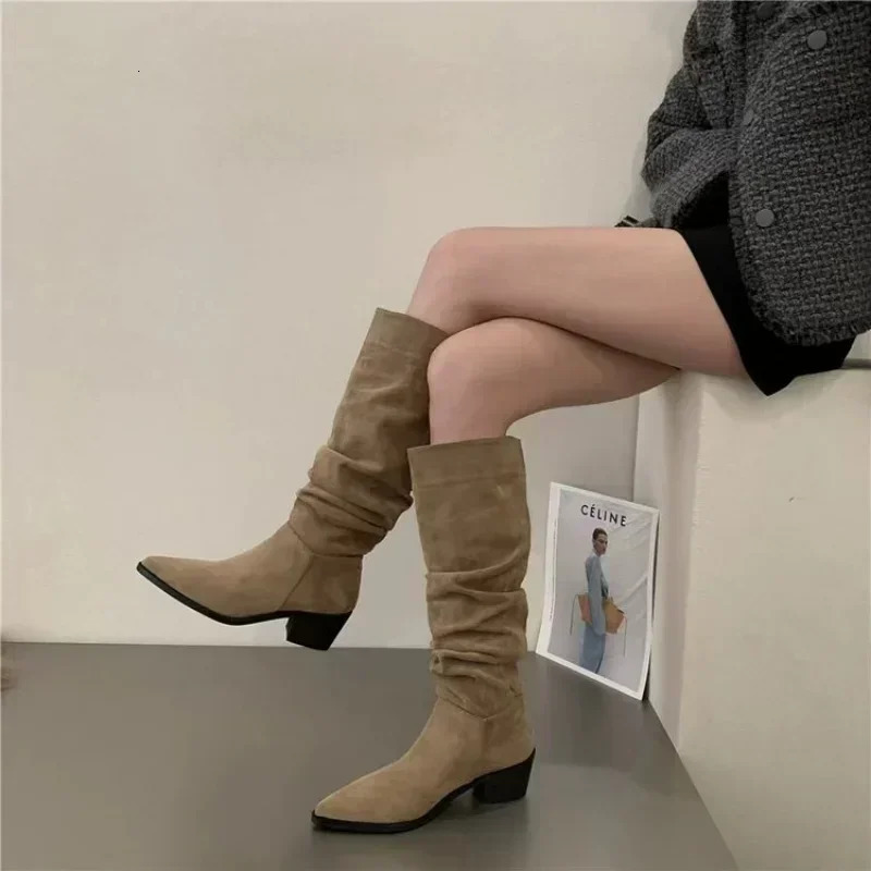 Women Knee High Boots Autumn Winter Female Shoes Fashion Female Slip-on Folds Low Heel Round Toe Flat Long Boots Botas De Mujer 251110