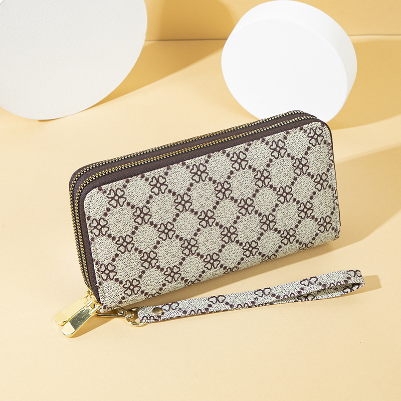 2025 Long Women's Clover Printed Large Capacity Handbag Wallet European and American Popular Double Zipper Double Layer Wallet Phone Bag Holiday 