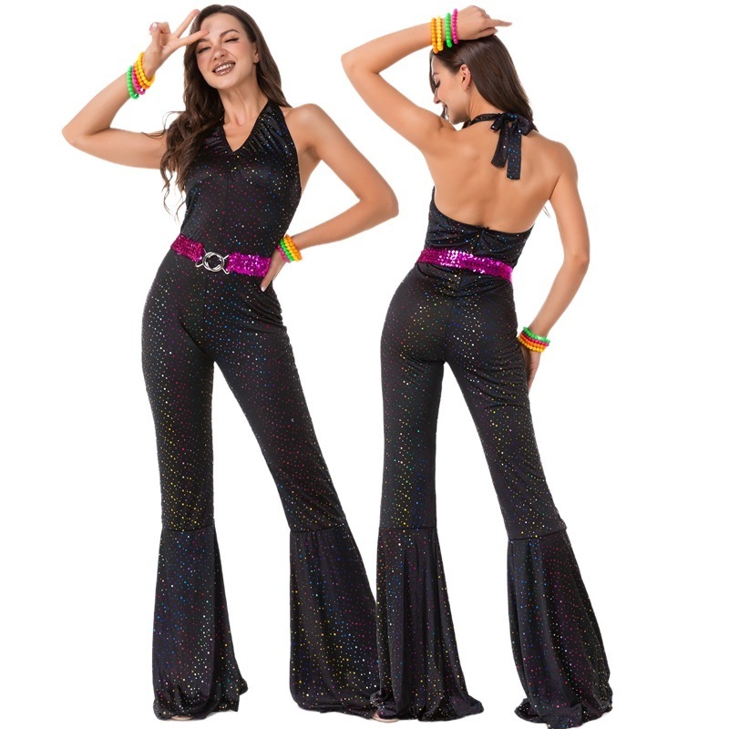 Womens retro 70S disco metal shiny jumpsuit with lace up flame sleeves hippie bell bottom hoodie jazz dance performance costume 240824