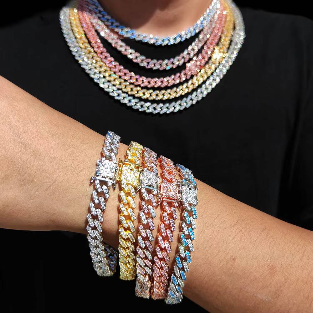 9mm Luxury Iced Out Diamond Cuban Link Bracelet Rose Gold Plated Bling White Moissanite Cuban Chain Hip Hop Fine Jewelry for Women