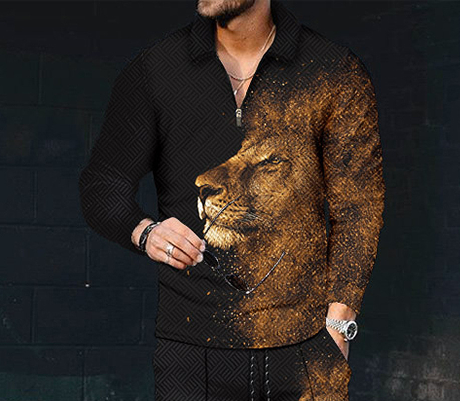 New mens printed polo shirt lapel long sleeve pullover casual mens T-shirt