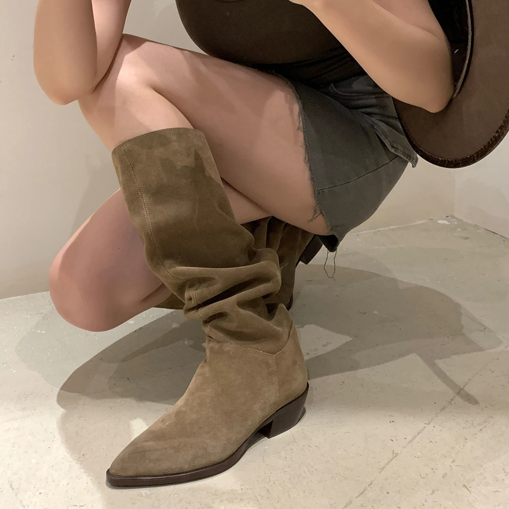 Suede Retro Women Boots Autumn Winter Slip-On Boots for Women Pointed Toe Square Heel Basic Shoes Knee-high boots 251110