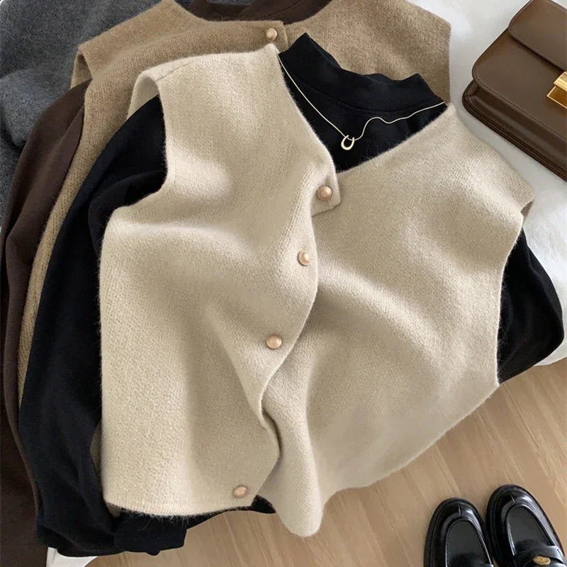 Autumn womens cardigan wool sweater Korean elegant knitted sleeveless casual Tank fashion ultrathin top 250407