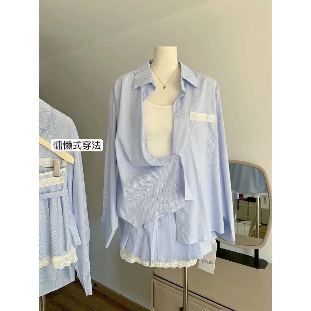Autumn Women Old Money Striped Korean Stylish Suit Outfits 2 Piece Set Long Sleeve Shirts + Ballet Core Mini Lace Pleated Skirt