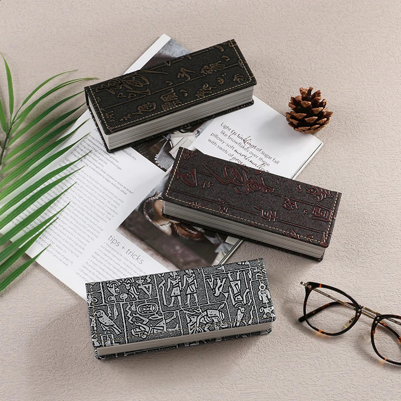 Retro leather glasses case with Chinese character Yang carving technology square sunglasses box with plush lining and cleaning dropper 250409